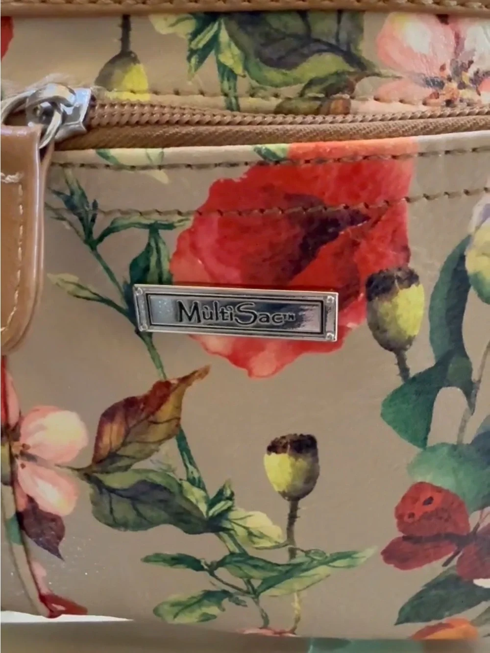 Floral Mini Backpack with Tan Trim - Beige Multicolor